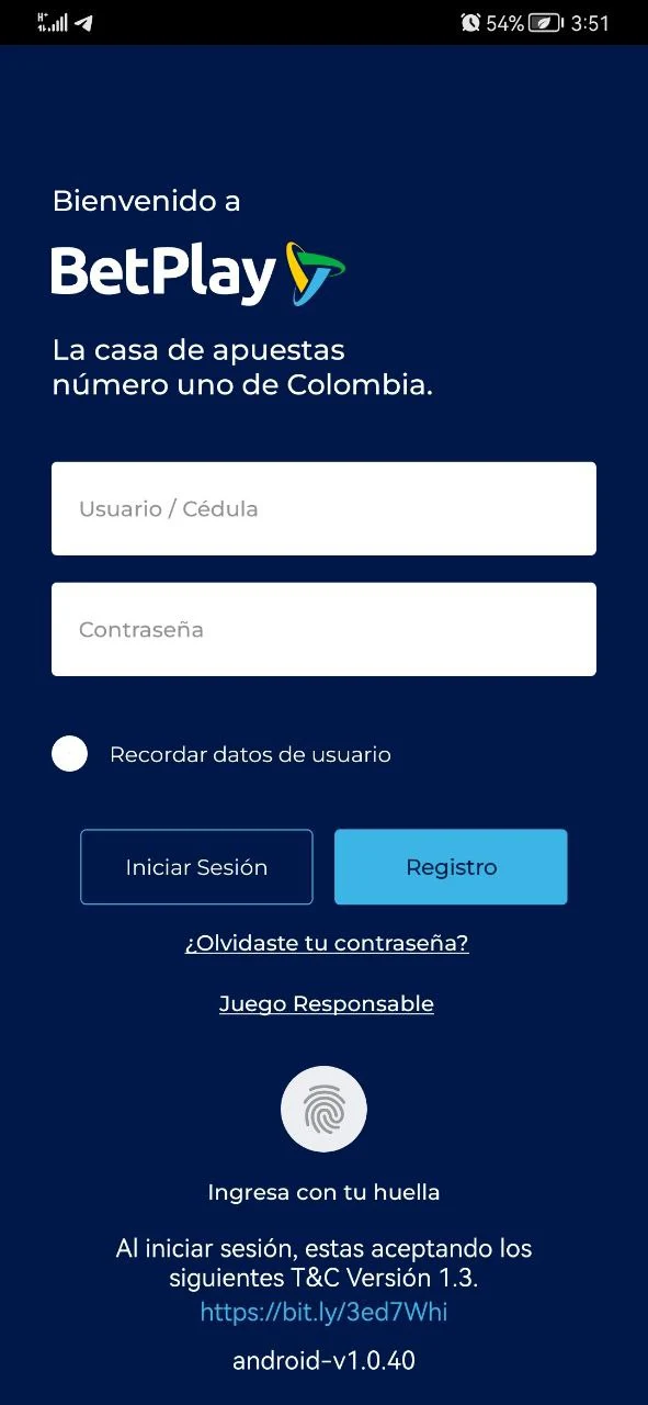 Formulario de inicio de sesión en la aplicación.