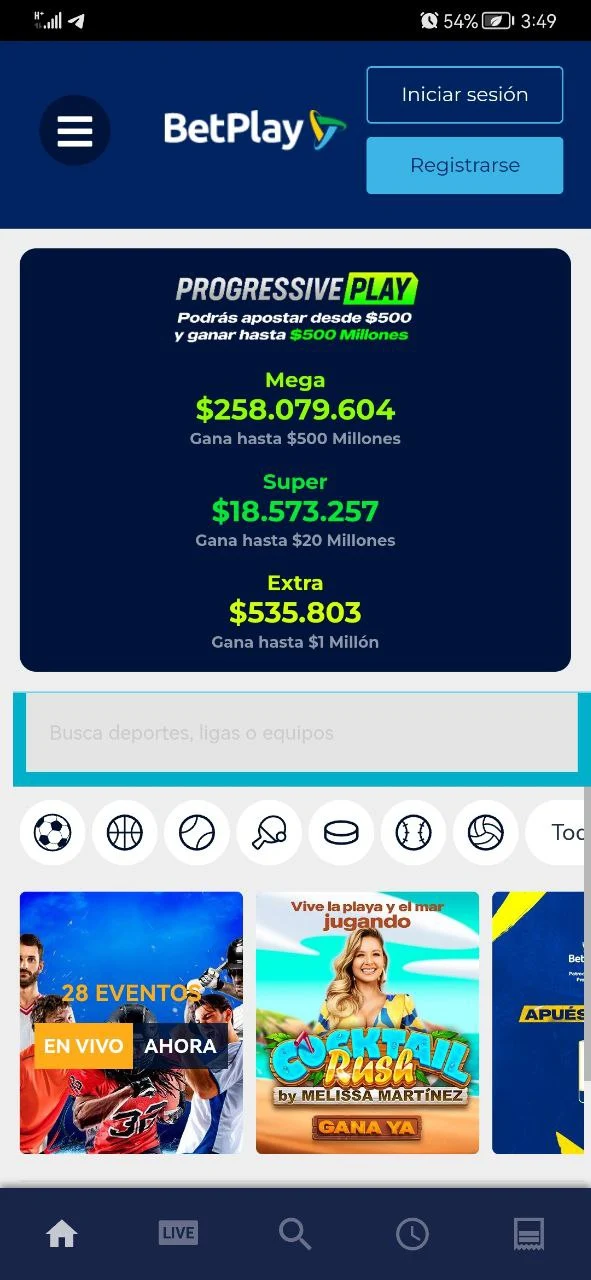 La sección de apuestas deportivas de la aplicación BetPlay.