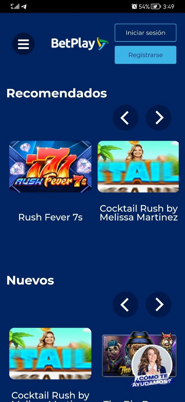 La sección de casino del cliente móvil.