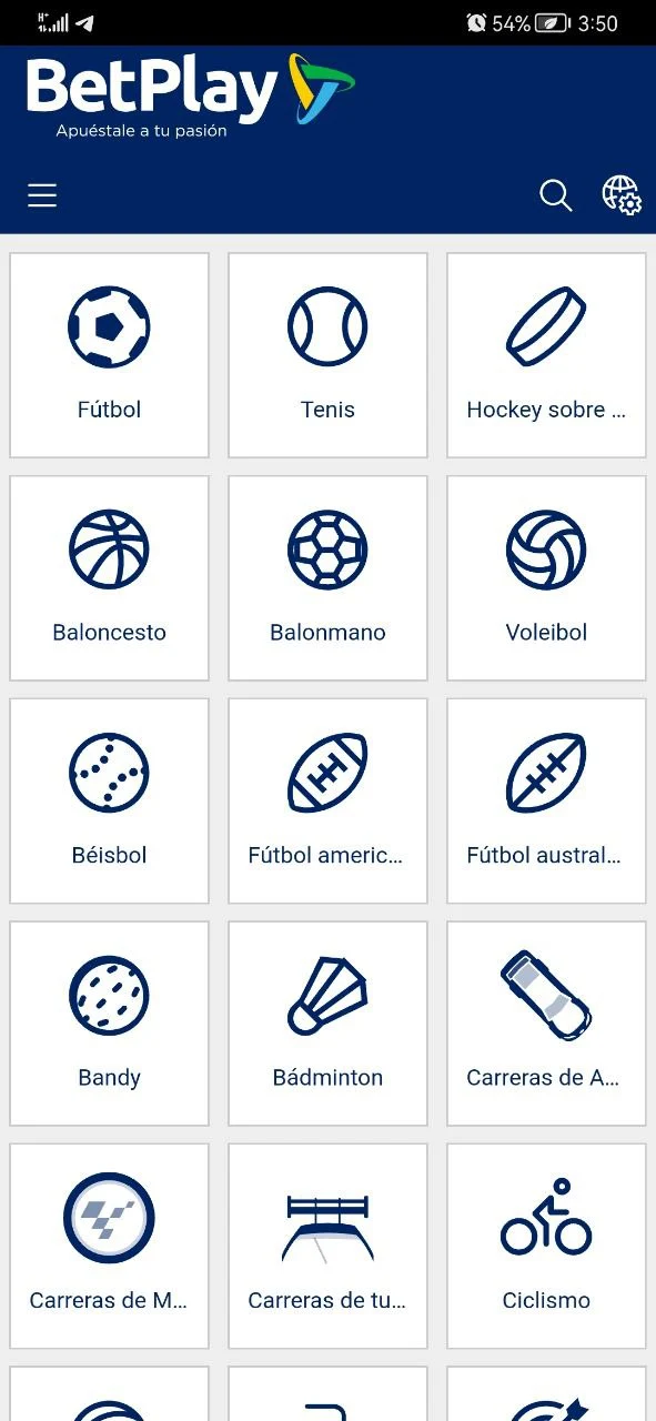 La sección de estadísticas de partidos de la aplicación Betplay.