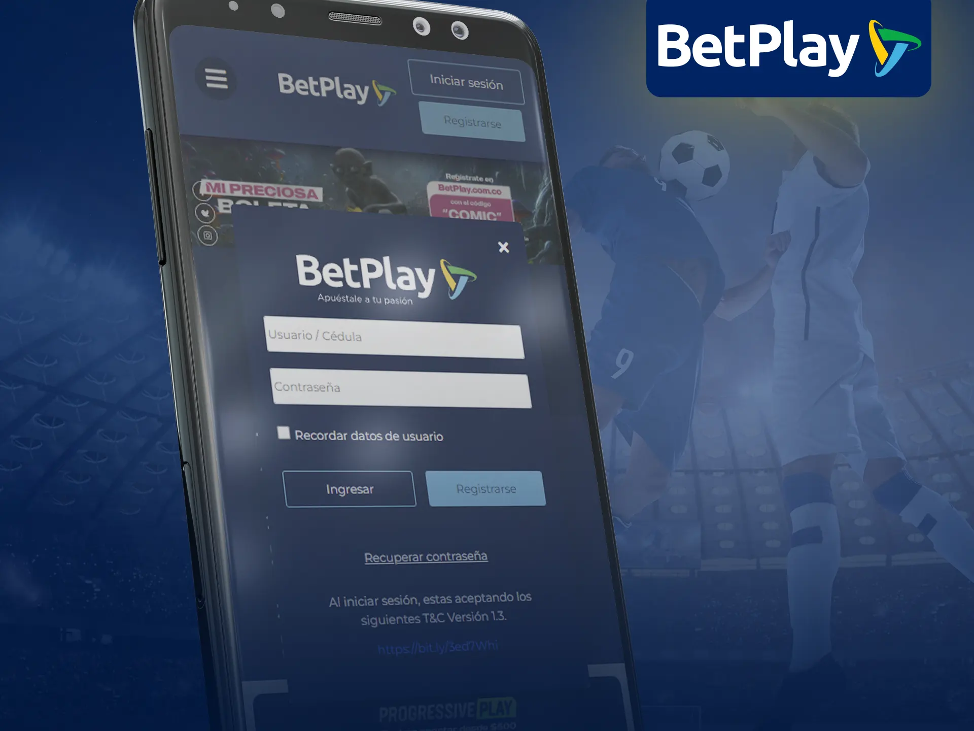 Inicia sesión en la app BetPlay con credenciales.