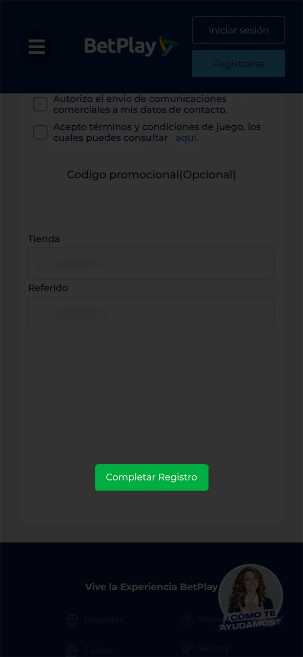 Completa el proceso de registro en BetPlay.