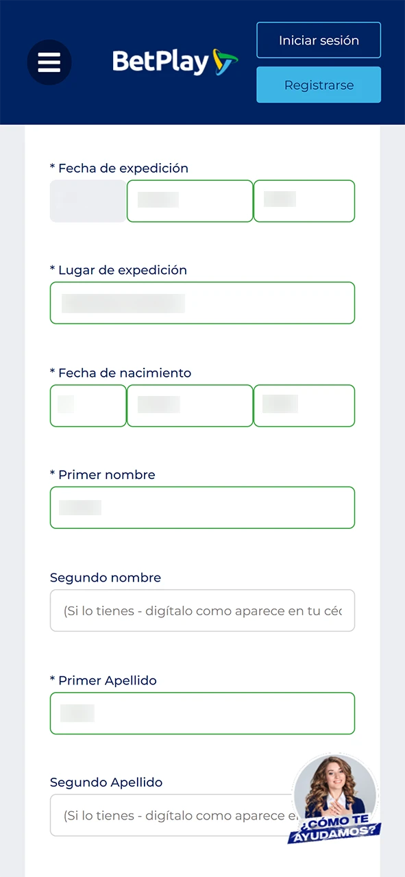 Rellene sus datos personales para registrarse en el sitio web de BetPlay.